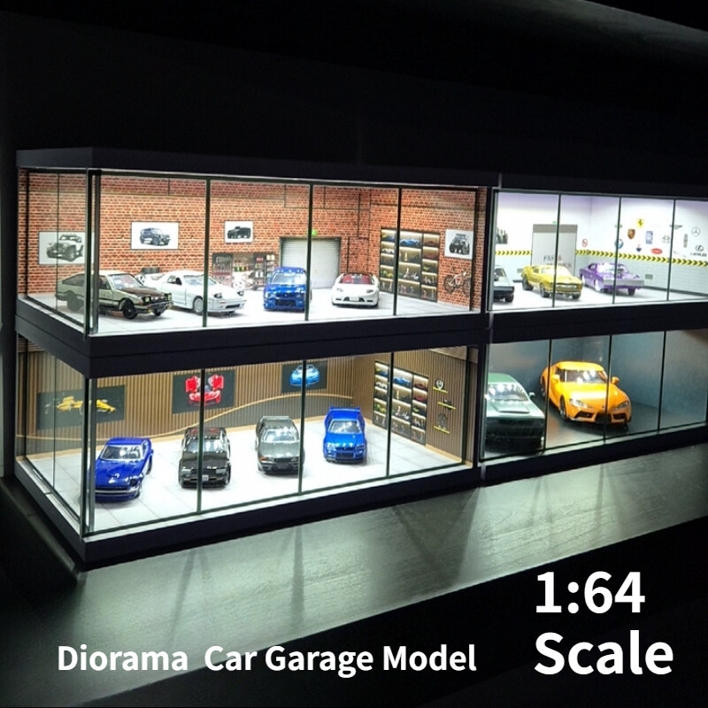 1/64 Diorama Car Parking Lot Model LED Lighting Car Showroom Scene Display Model
