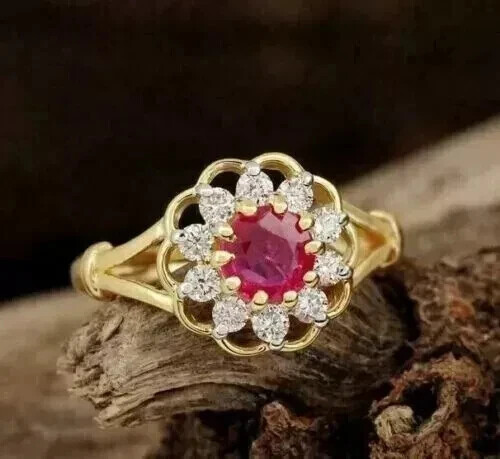 Lab-Created 2Ct Pink Ruby Round Cut Wedding Ring in 14k Yellow Gold