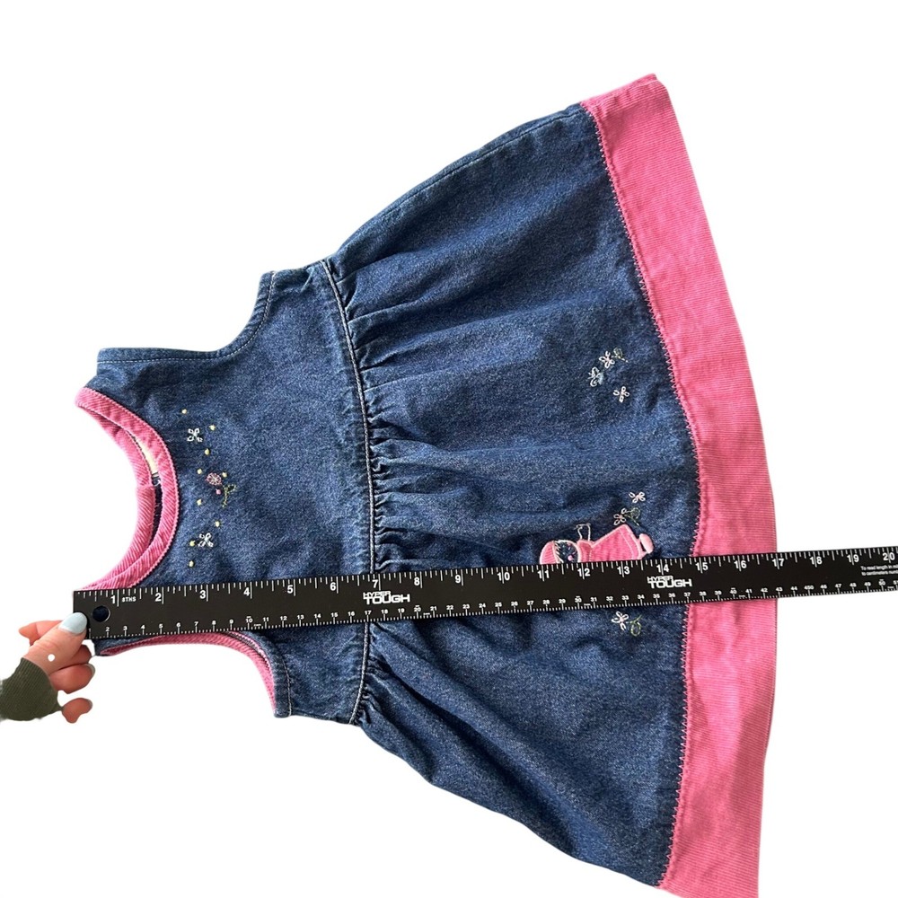 VTG Y2K Kids Denim Dress Pink Trim Embroidery Girl Applique 18M