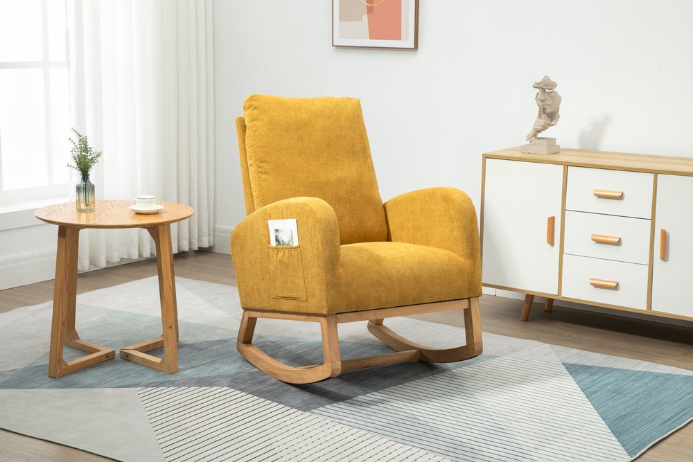 Mustard Yellow Linen Modern Rocking Chair for Stylish Comfort