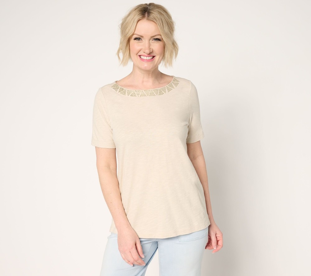 Denim & Co. Women's Top Plus Sz 3X Linen Blend Knit with Neck White A689581
