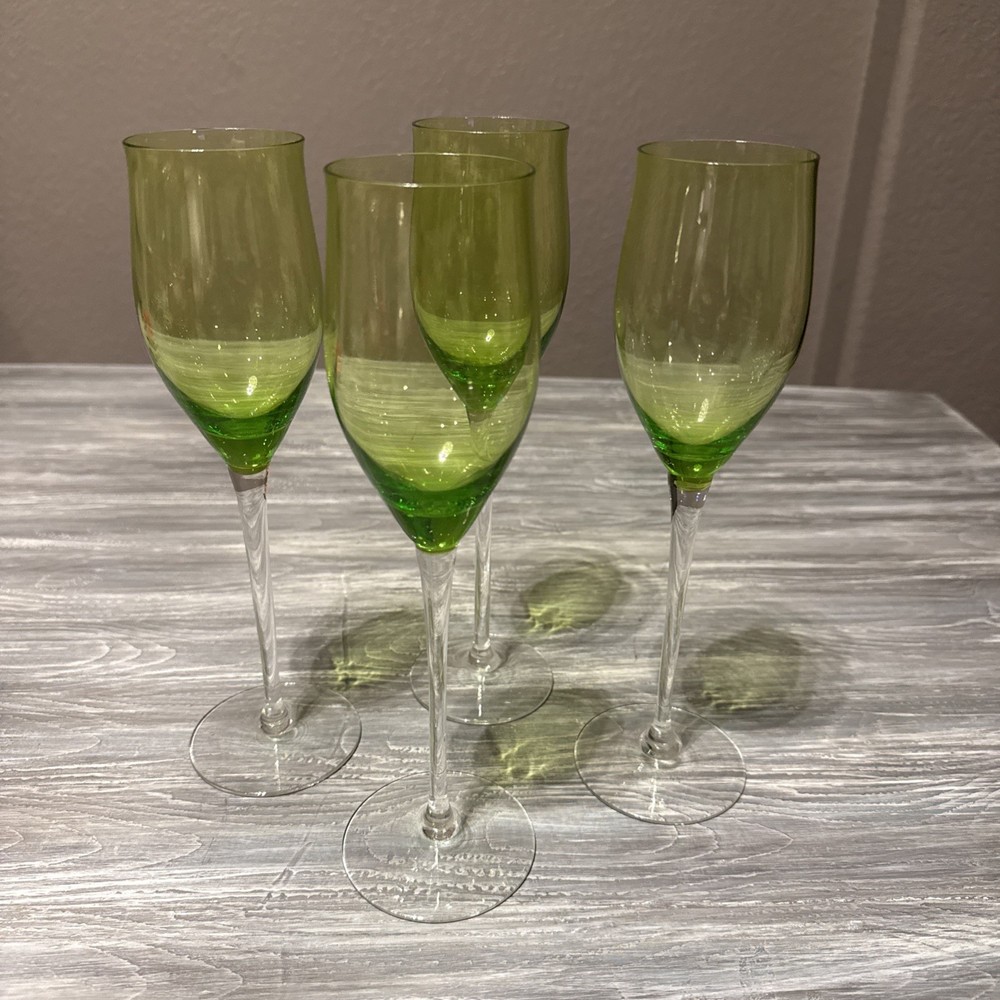 4-Piece Green Faceted Champagne Flutes - 10 Inch Glass Stems