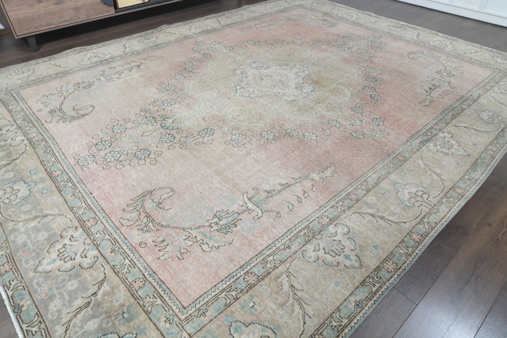 9.6x12.3 ft Medallion Vintage Turkish Oushak Rug, Faded Pink Handmade Wool Rug