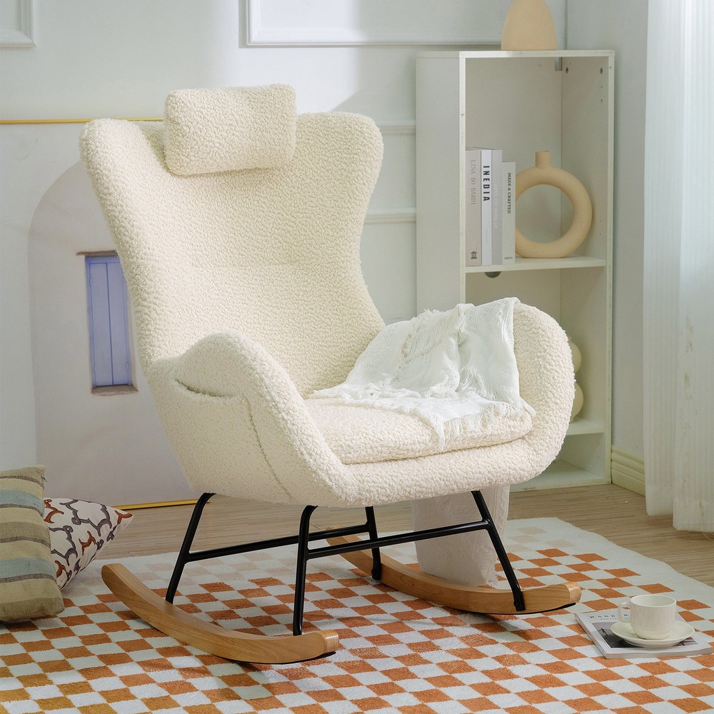 Teddy Rocking Chair, Nursery Glider w/ High Back & Pocket