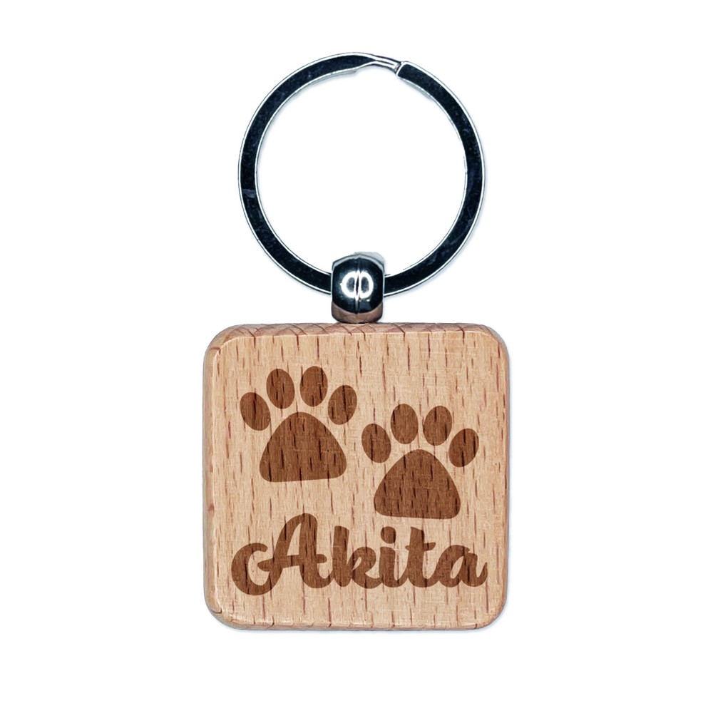Akita Dog Paw Prints Fun Text Engraved Wood Square Keychain Tag Charm