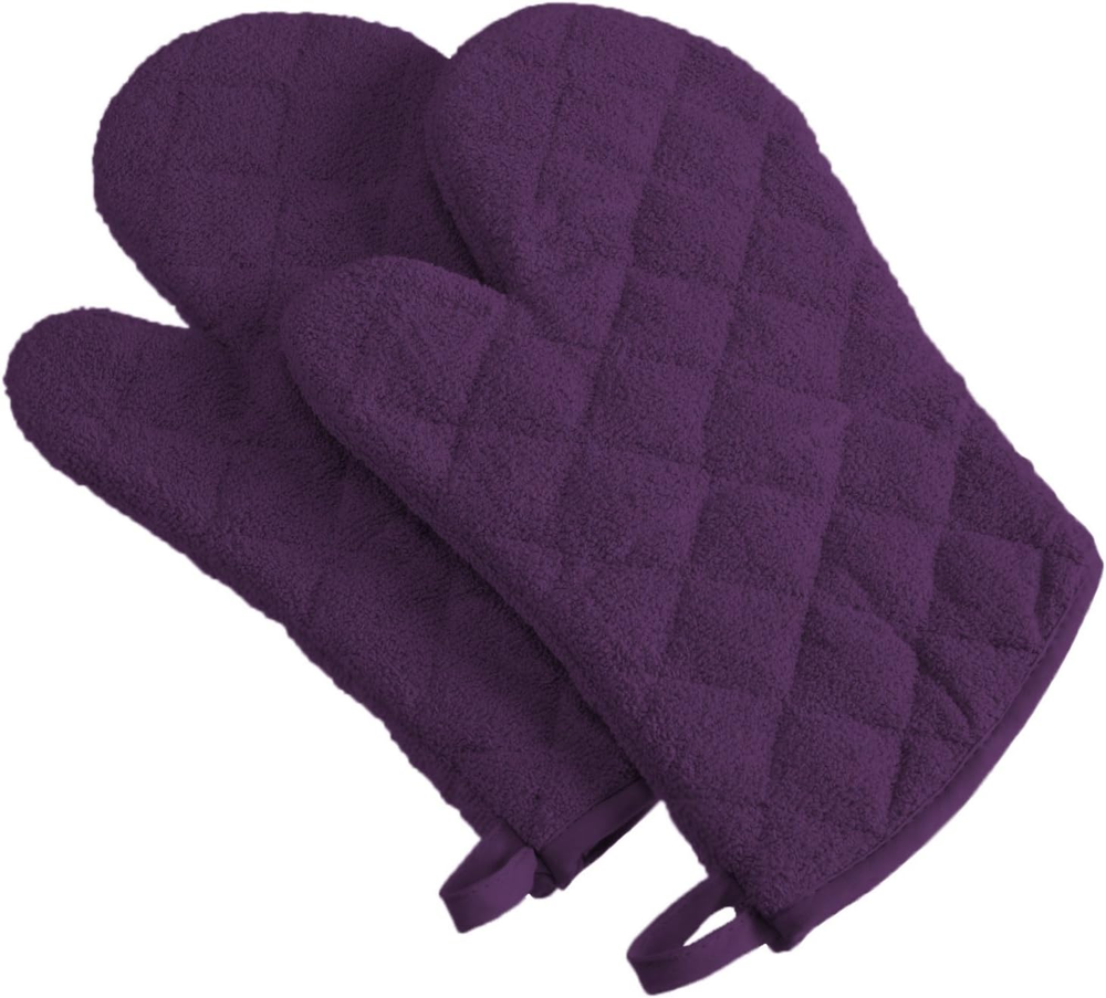 100% Cotton Quilted Oven Mitt Set in Eggplant 2-Piece Basic Terry Collection