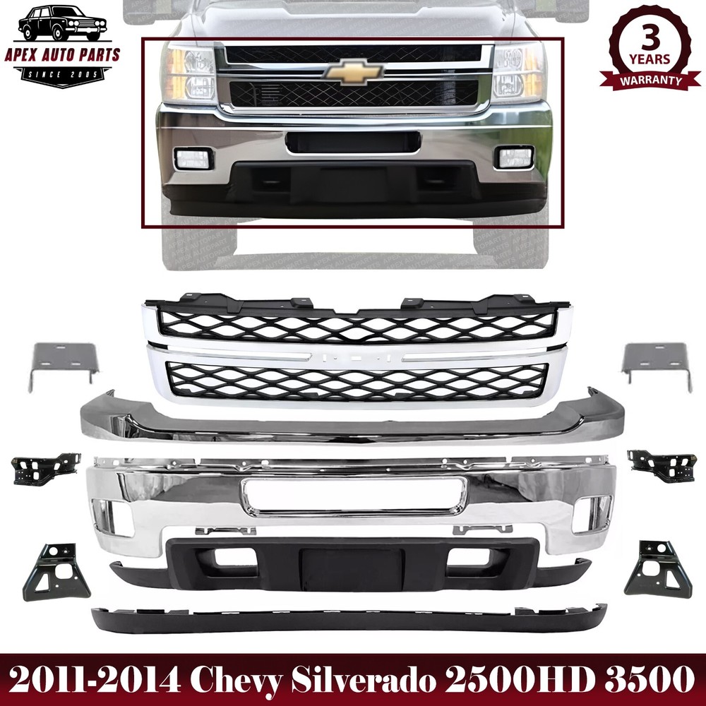 Front Bumper Kit + Grille + Brackets Set For 2011-14 Chevy Silverado 2500HD 3500