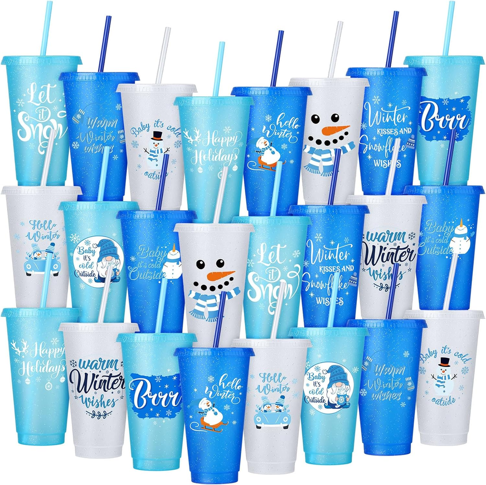 24 Pcs Hello Winter Cups 24 Oz Reusable Christmas Cups with Lids and Straws Bulk