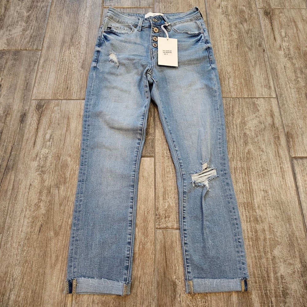 Kancan Jeans Womens 27 Cuffed Crop Capri Light Wash Distressed Button Fly NEW