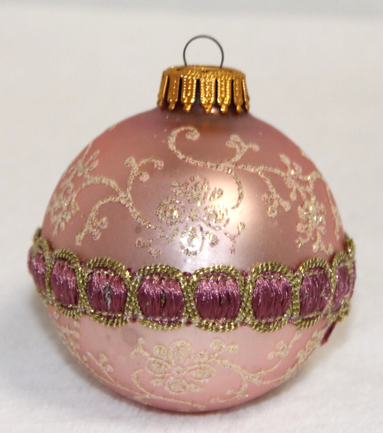 Vintage Krebs Pink Glass Ribbon & Gold Glitter Christmas Ornament