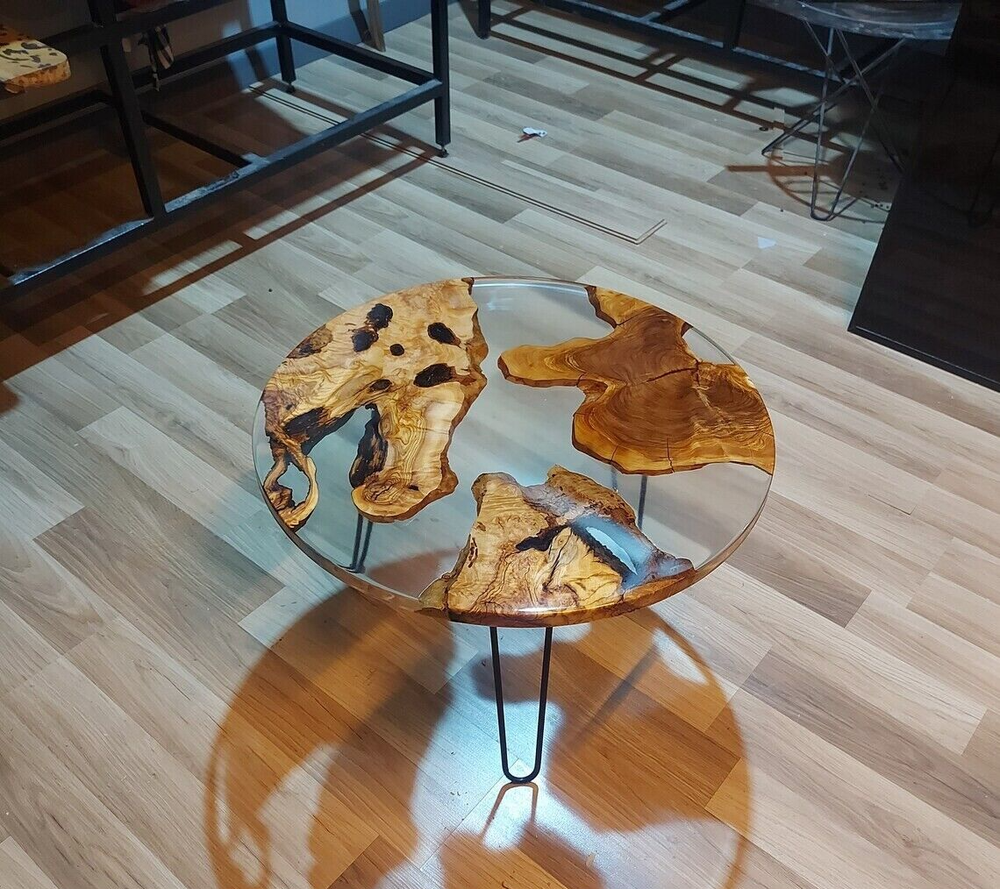 Round Clear Epoxy Resin & Live Edge Wood Coffee Table Top Christmas Gift For Her