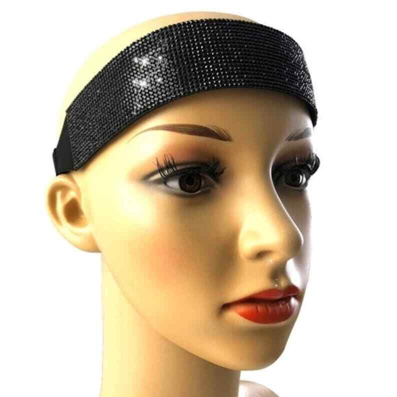 Crystal Rhinestone Headband Wide Elastic Wig Band Black Hair Accessory Gift