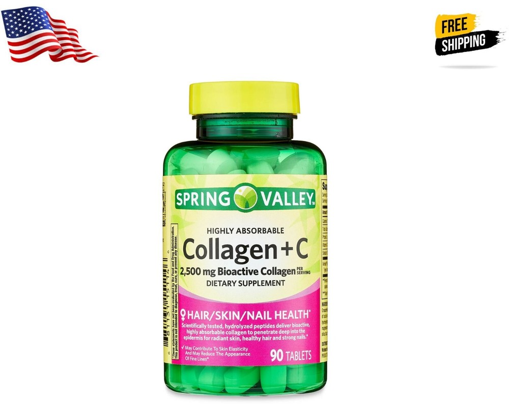 Spring Valley Highly Absorbable Collagen + C Tablets Dietary 2,500 mg, 90 Ct New