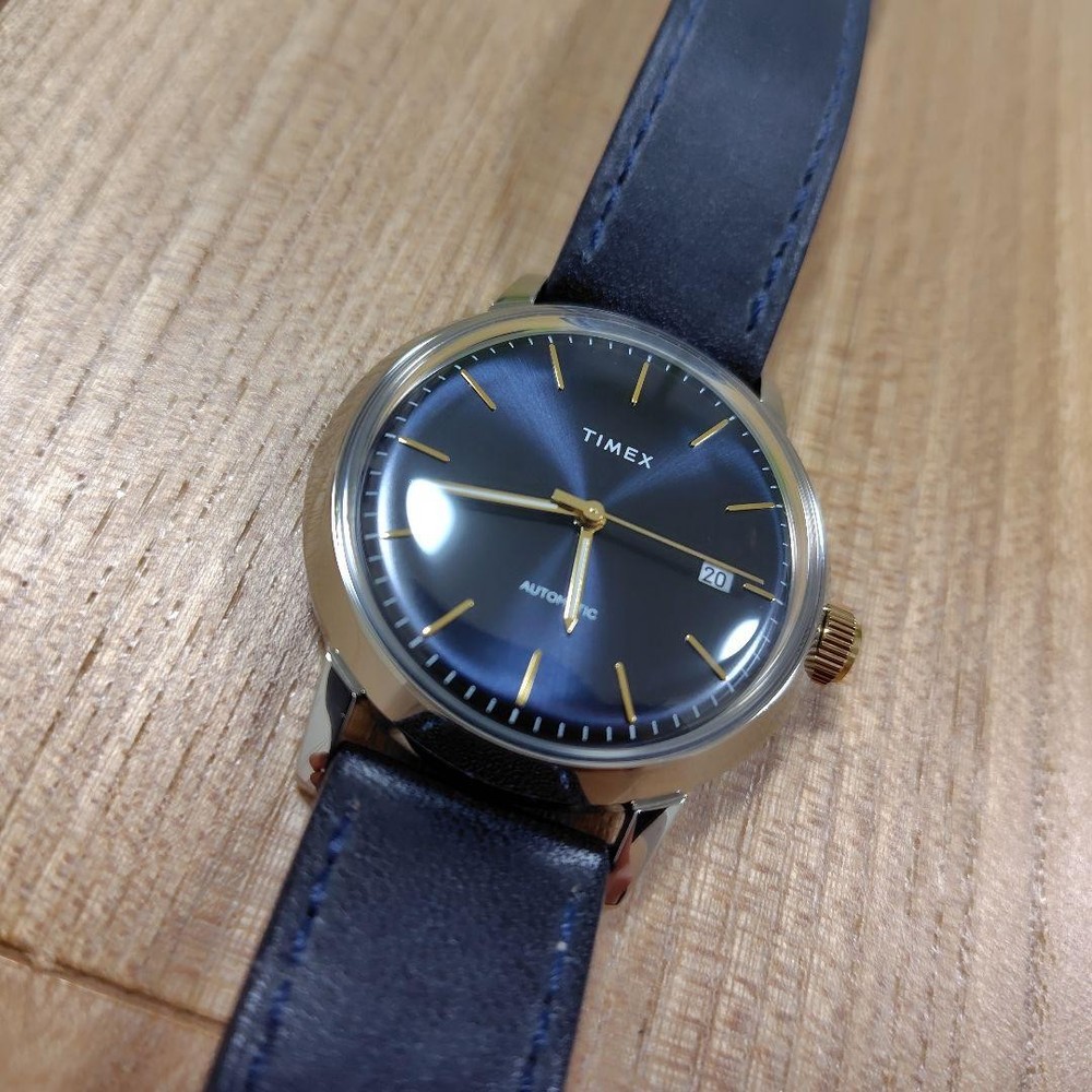 TIMEX Marlin Automatic Watch Red Wing Navy Leather Strap Blue Dial Rare