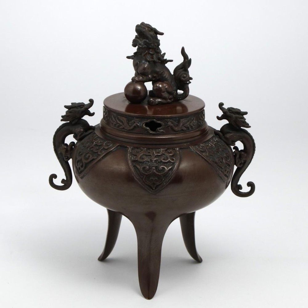 Bronze Incense Burner 7.4in Dragon Shishi Lion Vintage Japanese Censer Sculpture