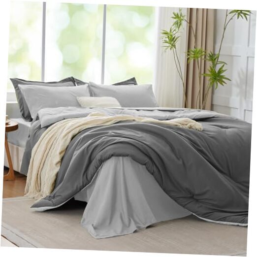 Gray Comforter Set Queen Reversible Bedding Set, 7 Pieces Soft Bed in a Bag