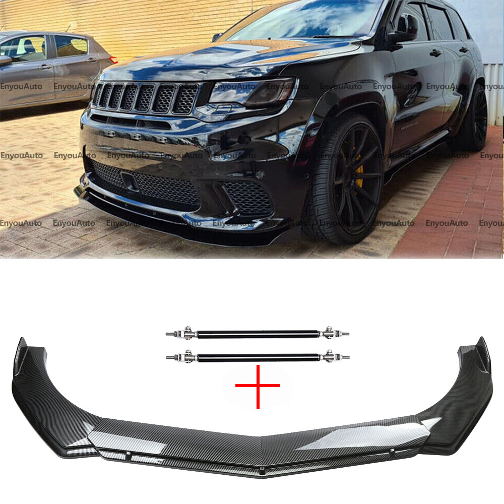 For JEEP Grand Cherokee Front Bumper Lip Spoiler + Strut Rods Carbon Fiber