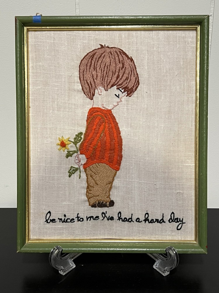 Vintage 1960s Be Nice Hard Day Needlepoint 8.5x11 Wall Art