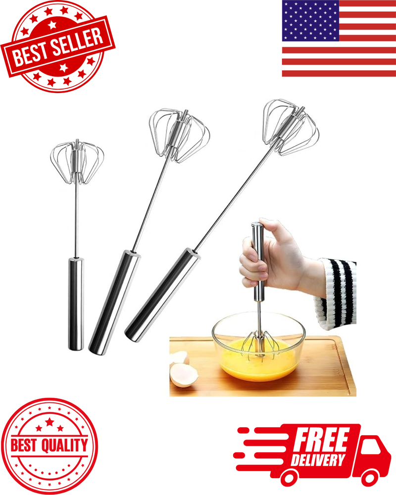 3 Pack Stainless Steel Egg Whisk, Hand Push Rotary Whisk Blender, Versatile Easy
