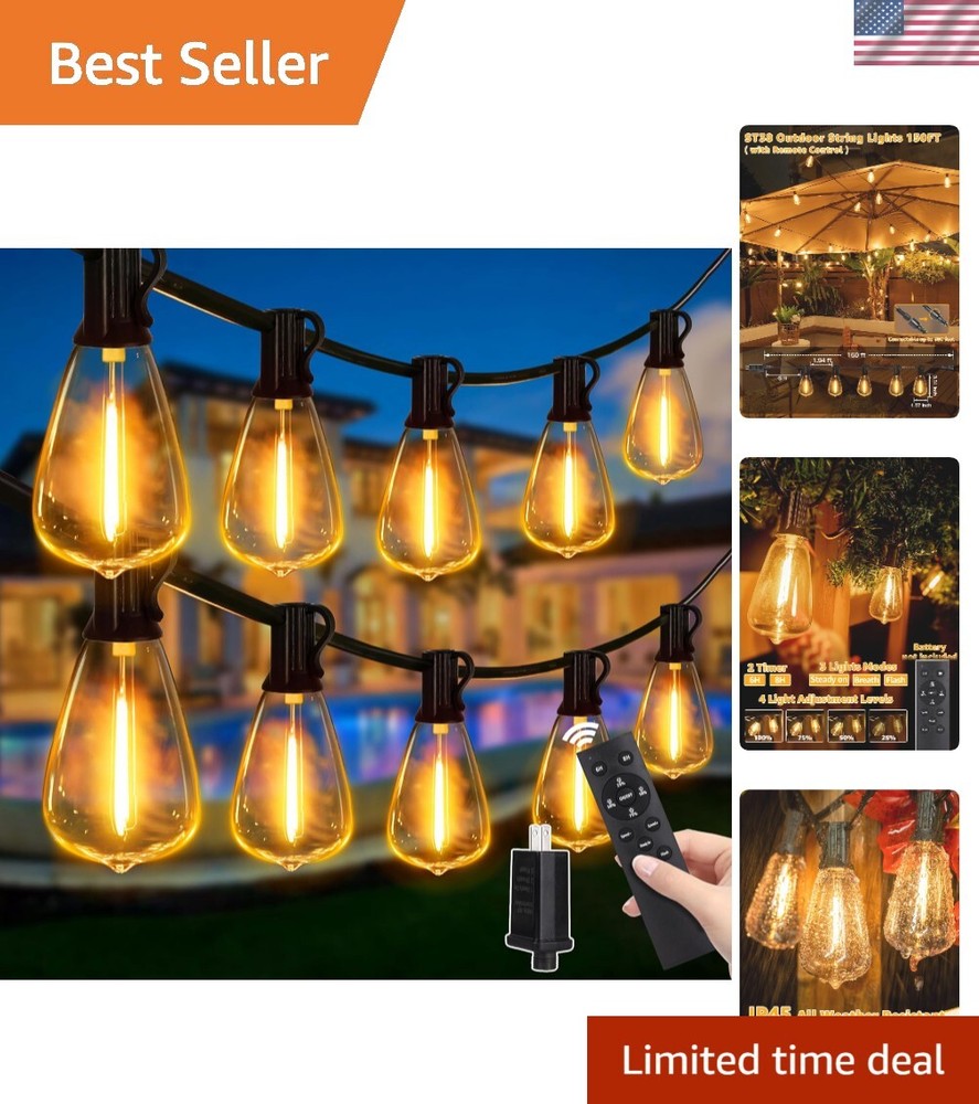 Stylish 150FT Outdoor String Lights - Dimmable & Waterproof with Spare Bulbs