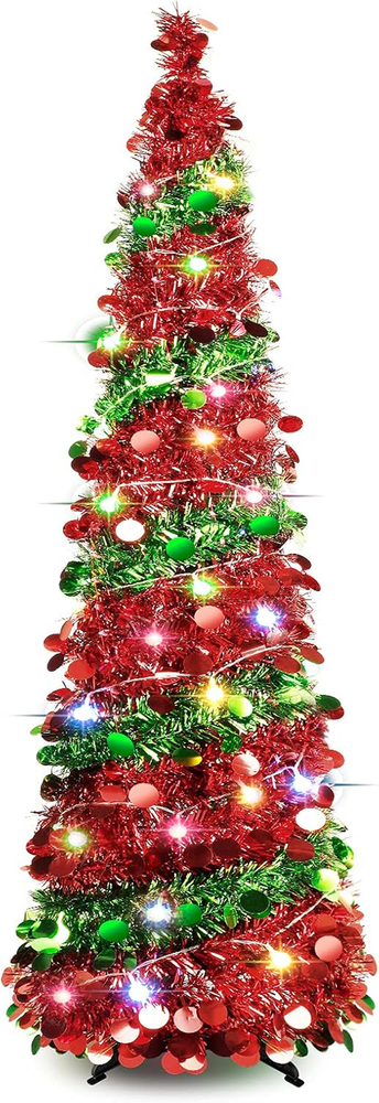 5 FT Collapsible Sequin Pop up Christmas Tree with 90 LED Lights, Skinny Pencil