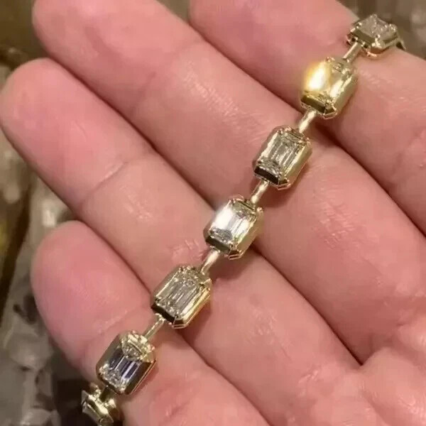 Lab Created Bezel-Set Emerald Cut Diam Tennis Bracelet 14K Yell Gold Plated 7.5