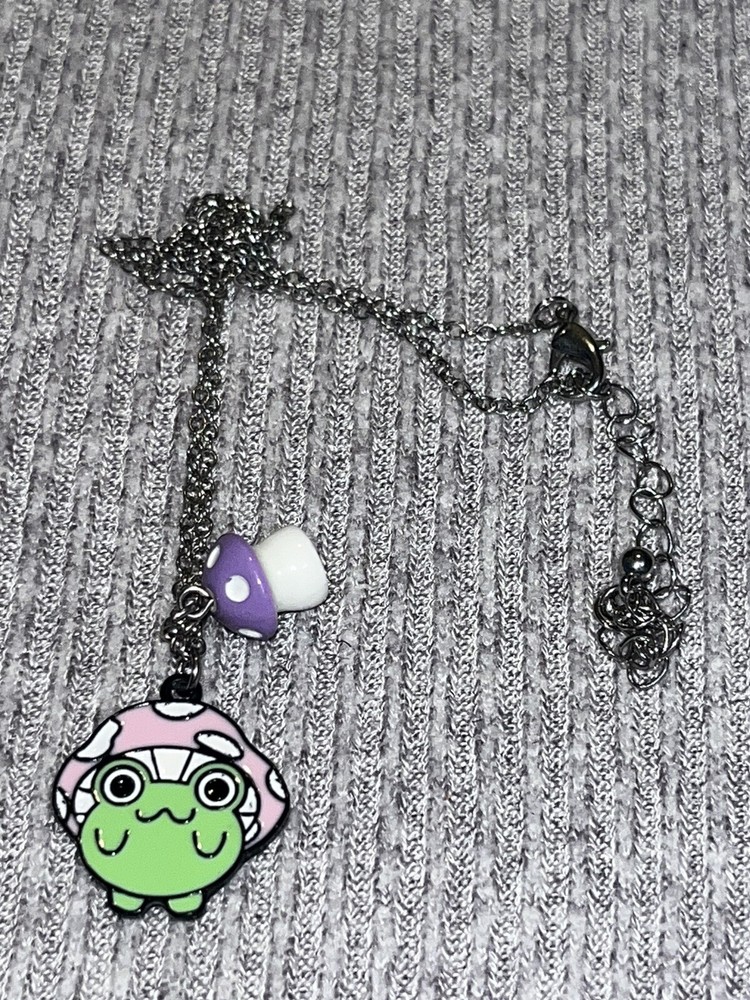Y2K theme multicolor mushroom frog necklace on silver tone chain