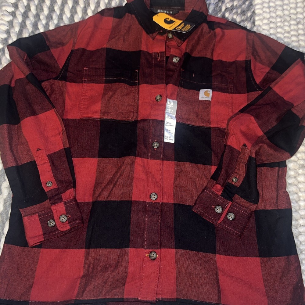 NWT Carhartt Women's Rugged Flex Loose Fit Flannel Plaid shirt red black Sz L