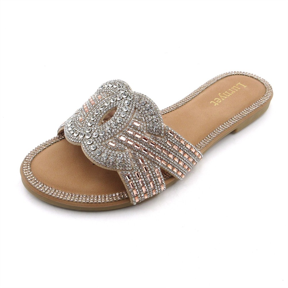 Lurnyet Women's Comfort Cushion Crystal Rhinestone Slide Flat Slip-On Sandals