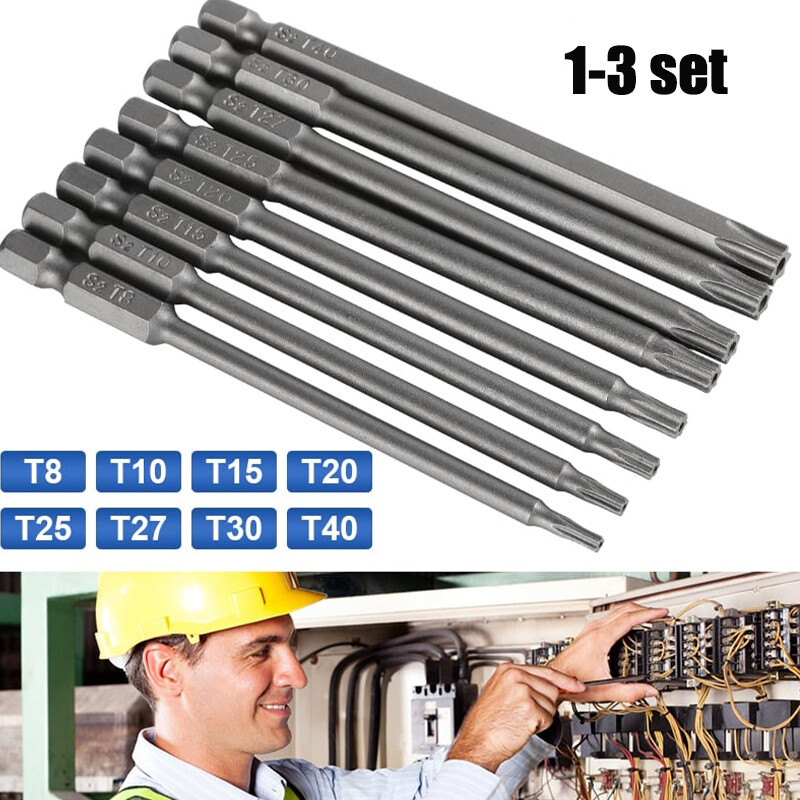 3-Piece Extra Long Torx Screwdriver Bit Set with Magnetic Hex Security Head 100mm USA Made