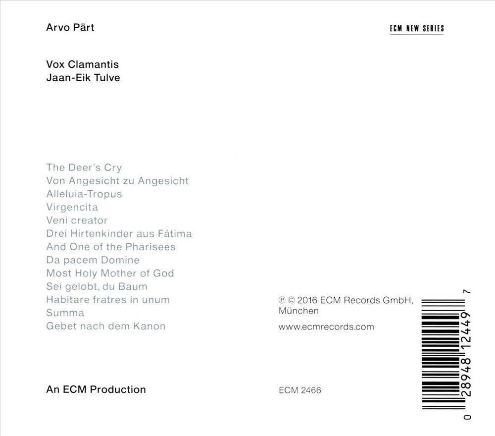 VOX CLAMANTIS ARVO PÄRT: THE DEER'S CRY NEW CD