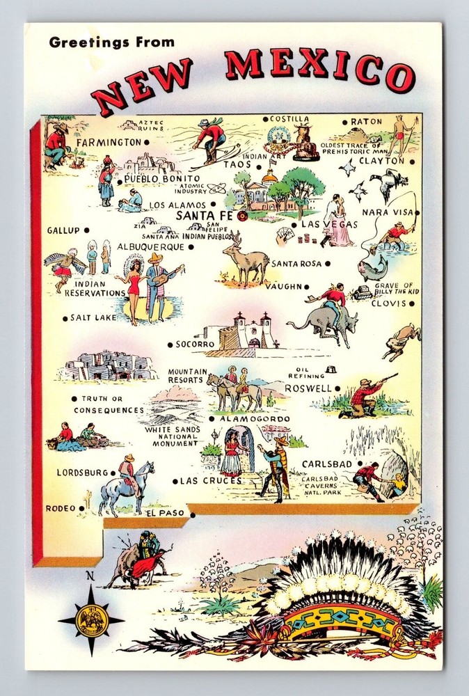 NM-New Mexico, Scenic Greetings, Map Landmarks, Vintage Postcard