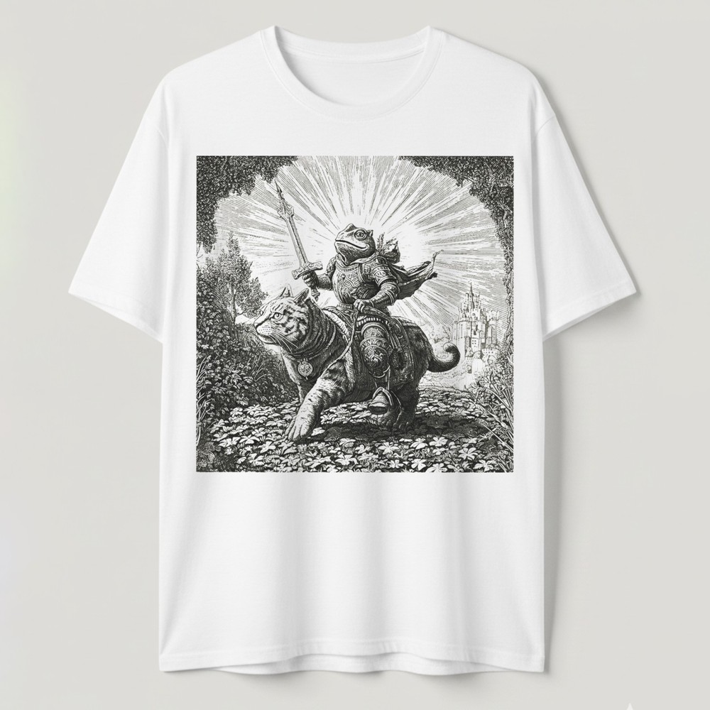 Frog Riding a Cat T-Shirt Funny Medieval Fantasy Toad Warrior Vintage Art Tee
