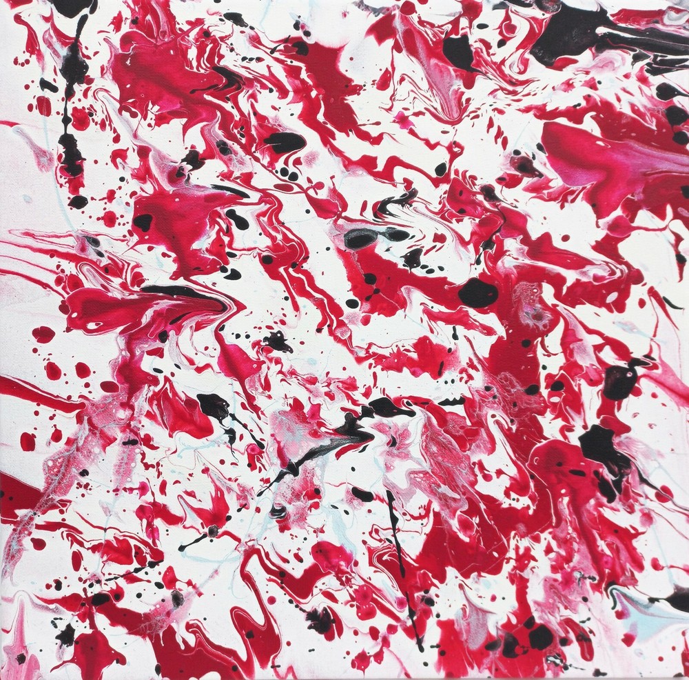 Modern Painting Abstract Art Red Black White Fluid Acrylic Canvas Decor, 16x16
