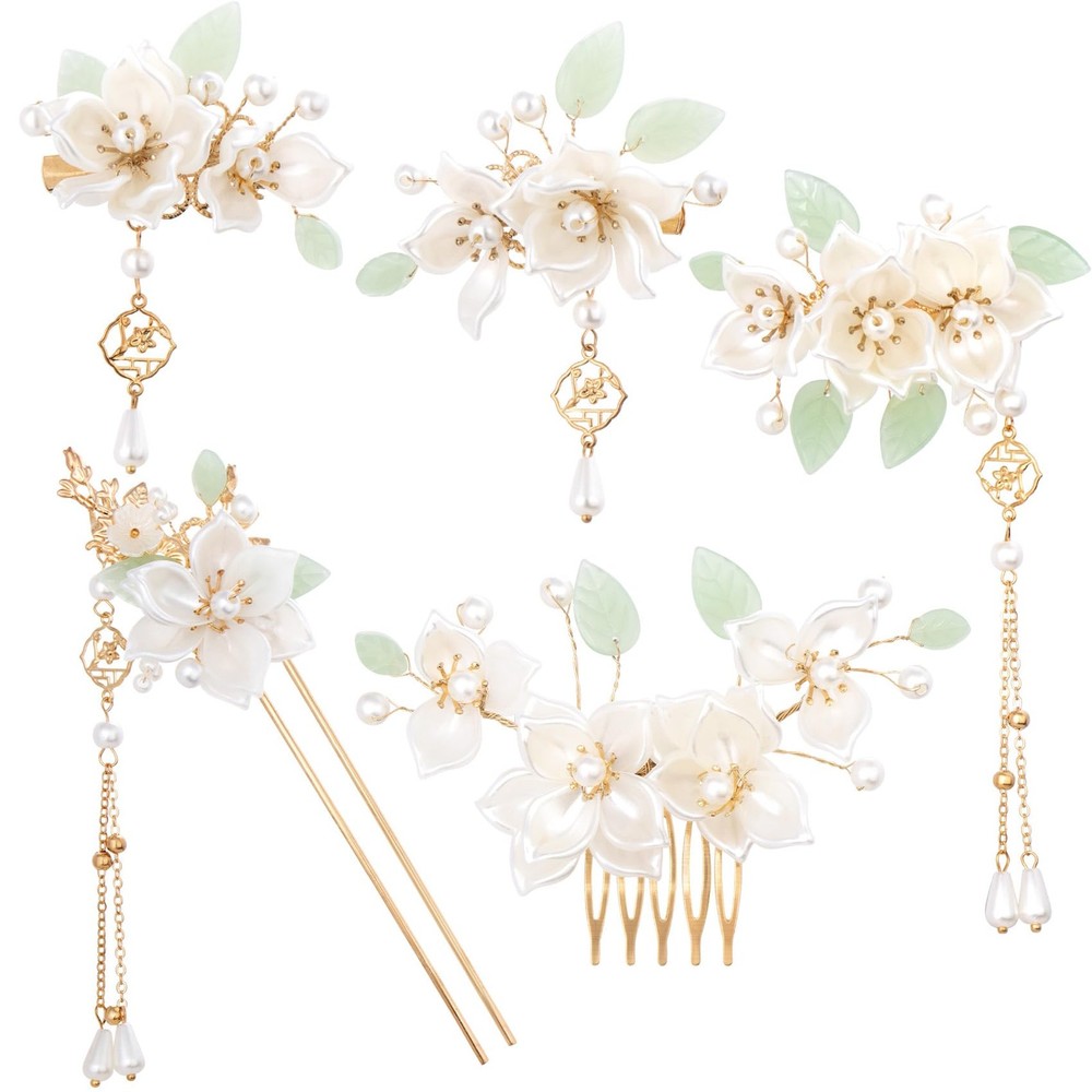 5pcs Camellia Hair Pins - Elegant Chinese Bridal Hair Sticks with Floral Tassels