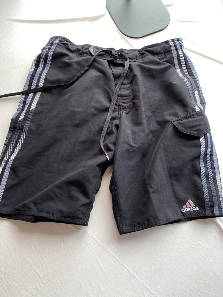 Adidas Mens Board Shorts Size 32 Black Striped Swim Trunks Cargo Pocket Y2K