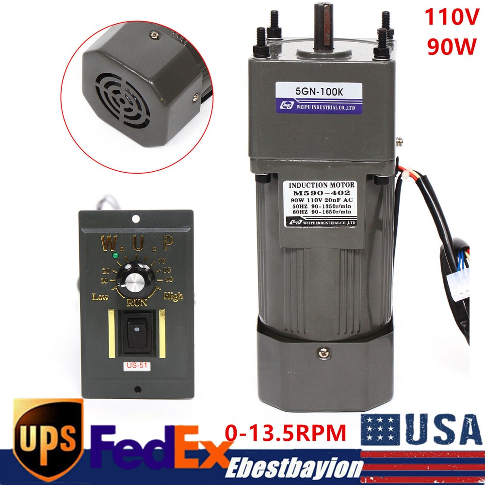 90W 110V 100k AC Gear Motor Electric Variable Speed Controller 1:100 0-13.5RPM