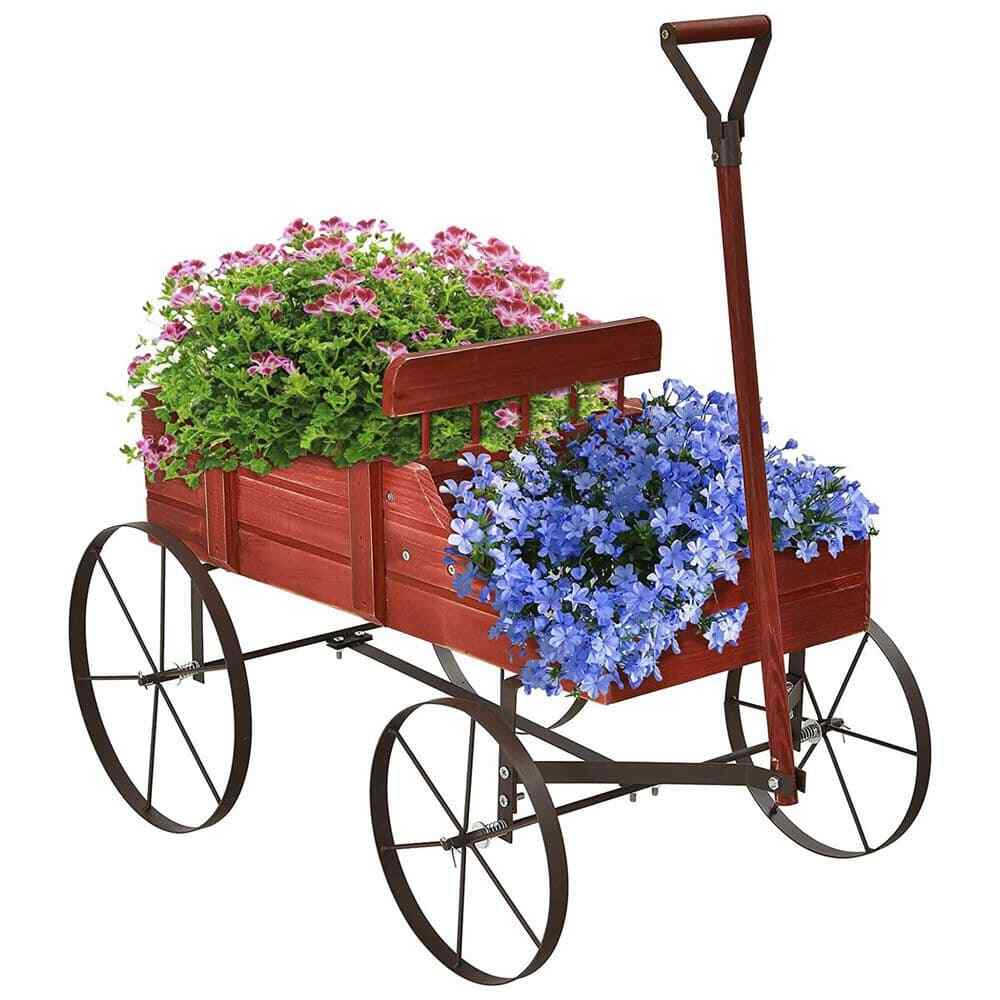 Wooden Wagon Plant Bed in Red with Metal Wheels