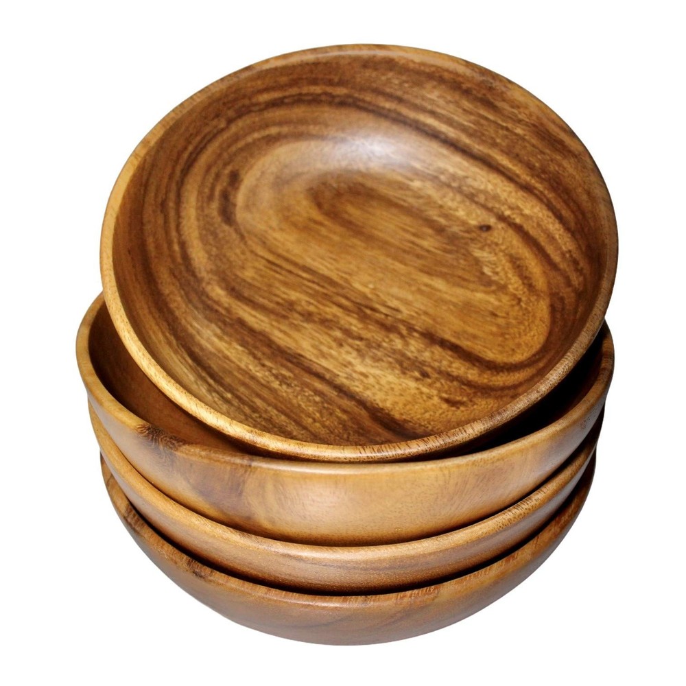 Wooden Salad Bowl Set – Set of 4 Acacia Wood 7” Wood Salad Bowls for Food, Ru...