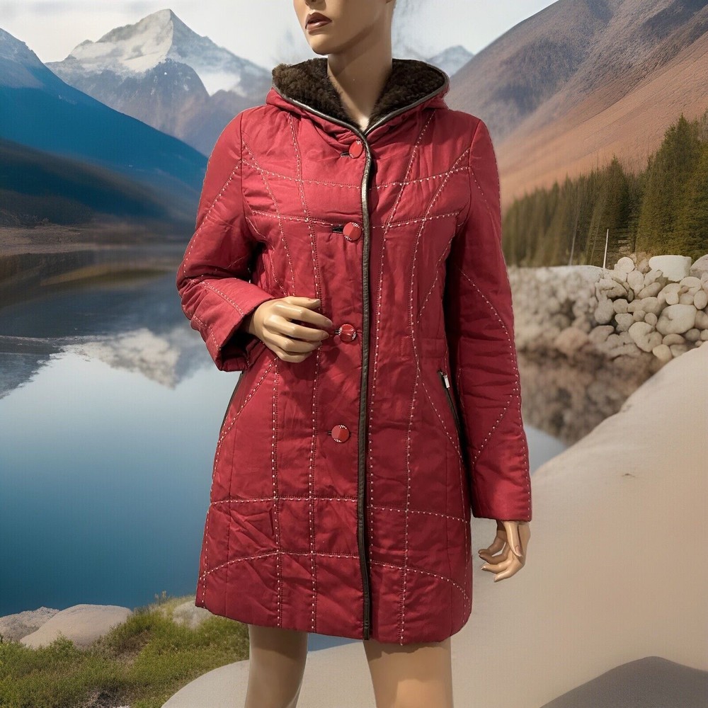 Red Leega Hooded Jacket with Mink & Rabbit Fur Embroidery - Medium Linen Coat