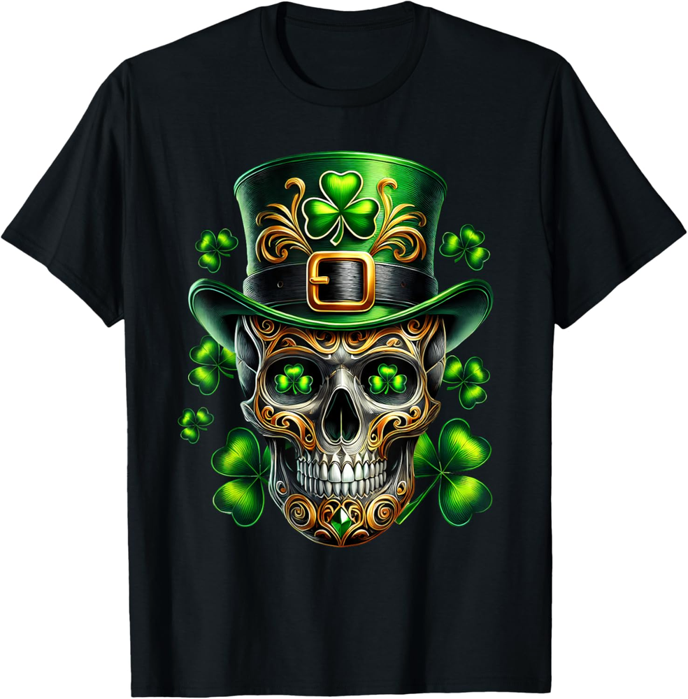 Men Irish Skull Shamrock Leprechaun Ireland St Patricks Day T Shirt