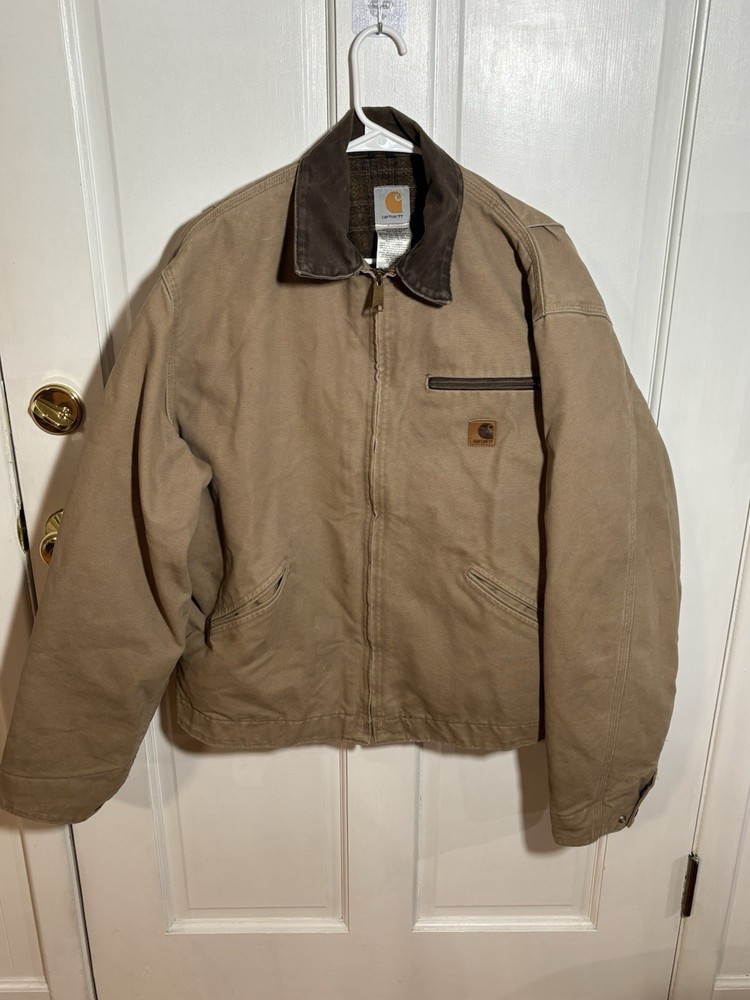 Vtg 90s Carhartt Detroit Flannel Lined Jacket Men Sz Large Work Wear Tan USA