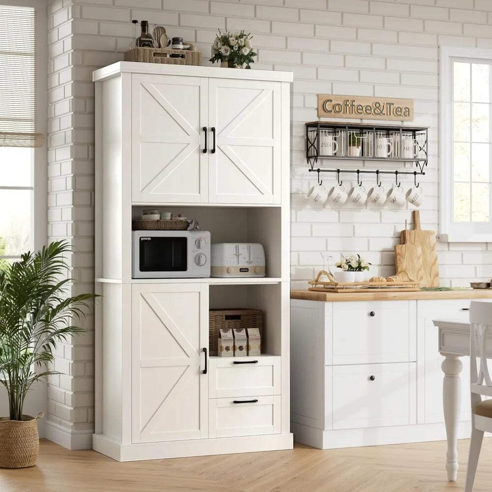76 Inch Tall Farmhouse Kitchen Pantry Cabinet Storage Hutch with Drawers