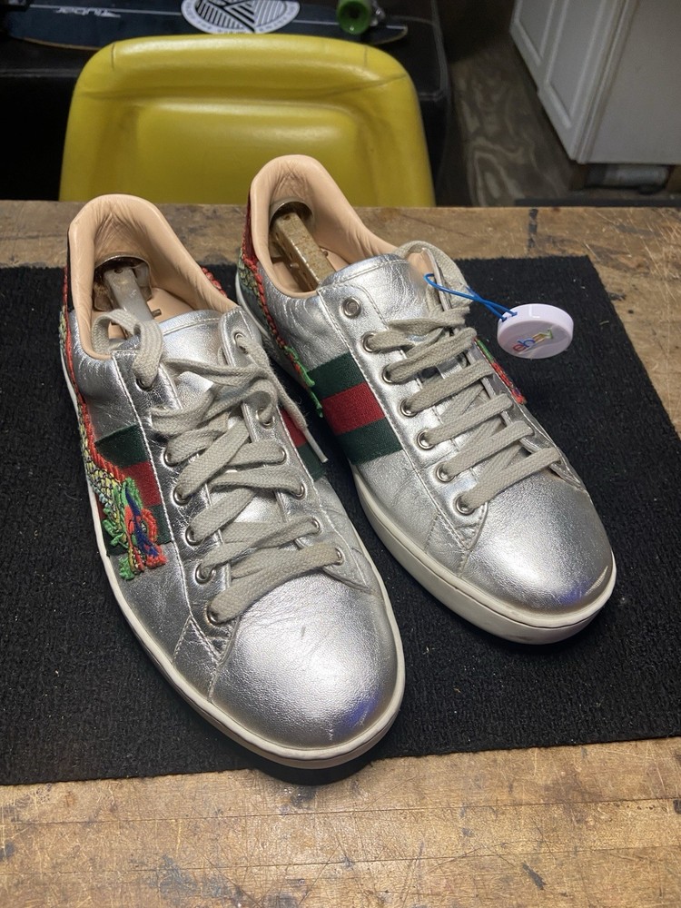 Gucci Aces Embroidered Silver Dragon Men’s Sneakers -