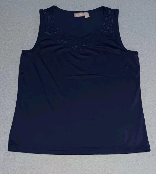 Chicos Sleeveless Lace Trim Blouse Womens Size 2 Navy Blue Stretchy  Casual Cami