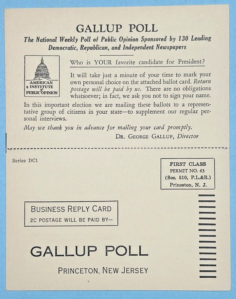 Business Reply Card 1948 Gallup Poll Secret Mail In Ballot Dewey Truman Wallace