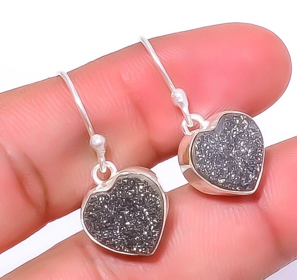 Titanium Carbon Agate Drusy Gemstone 925 Sterling Silver Earring 1.17