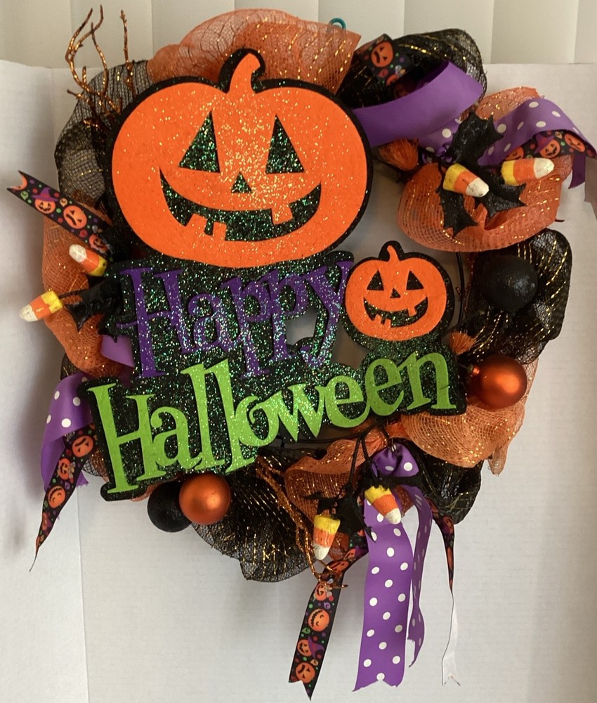 Halloween Wreath with Candy Corn and Pumpkin Decor