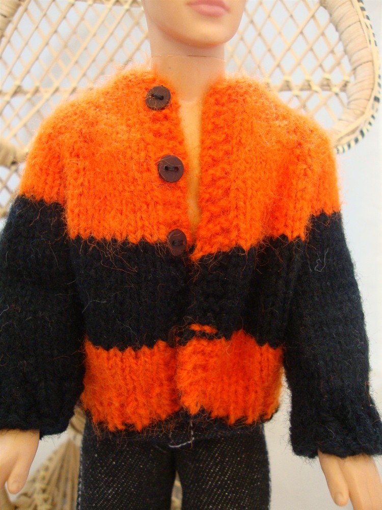 Hand Knit Orange & Black Cardigan: fits Ken Doll Clothes 12