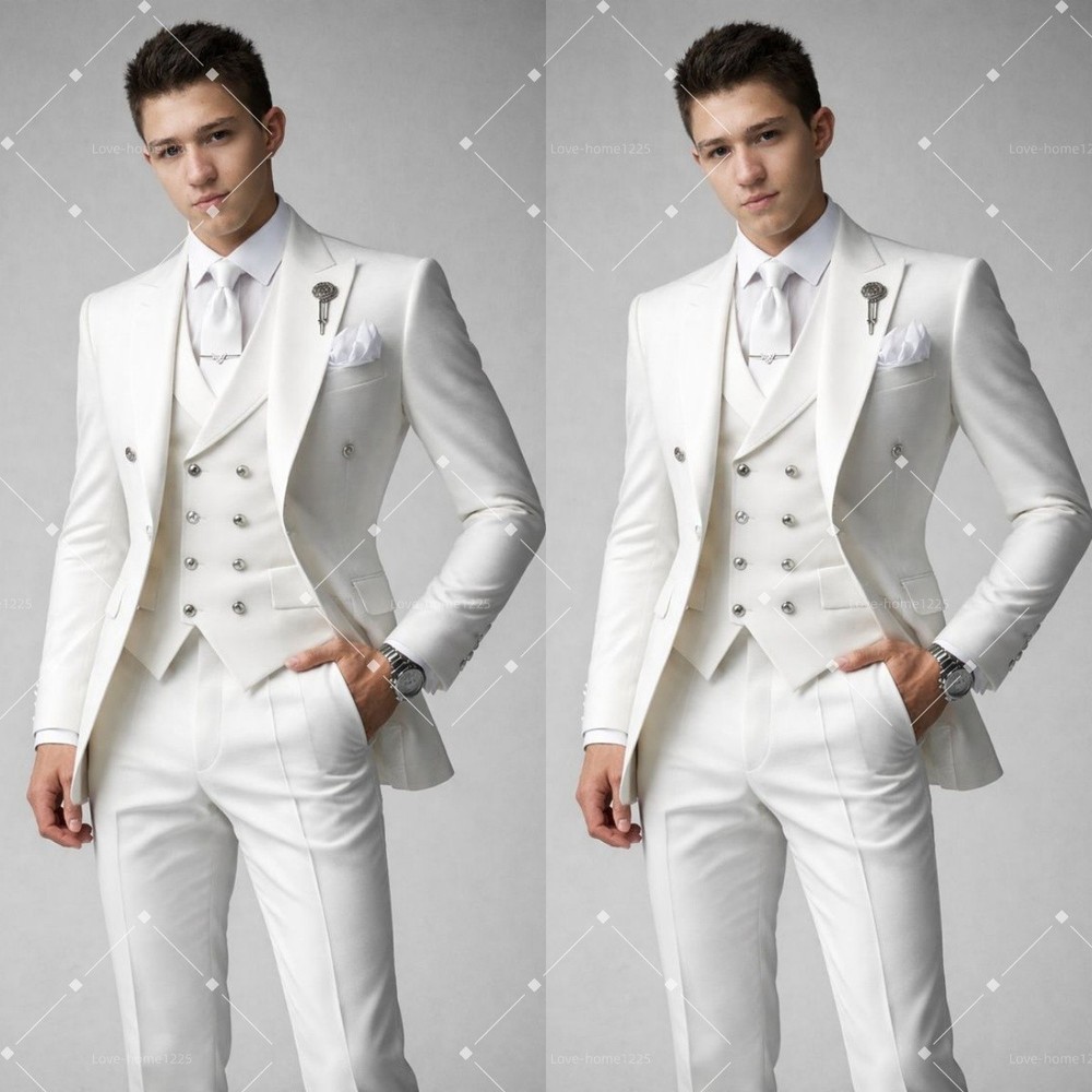 Wedding Men's White Suit Formal Jacket Pants Vest Groommen Outfits 3Pcs